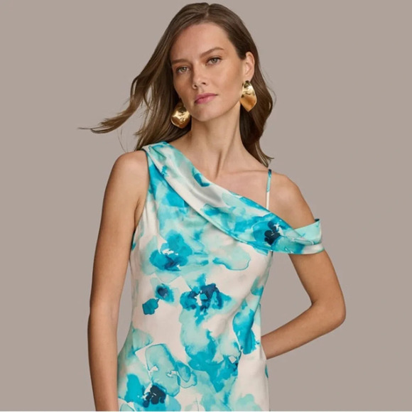 NWT Donna Karan Women's Blue Abstract Floral Printed One-Shoulder Draped Dress 6 - Picture 3 of 11